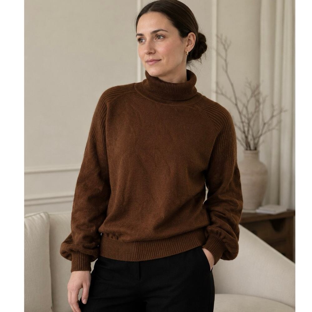 Mes Demoiselles Quiet Luxury Brown Turtleneck Angora Blend Soft Wool Sweater S/M